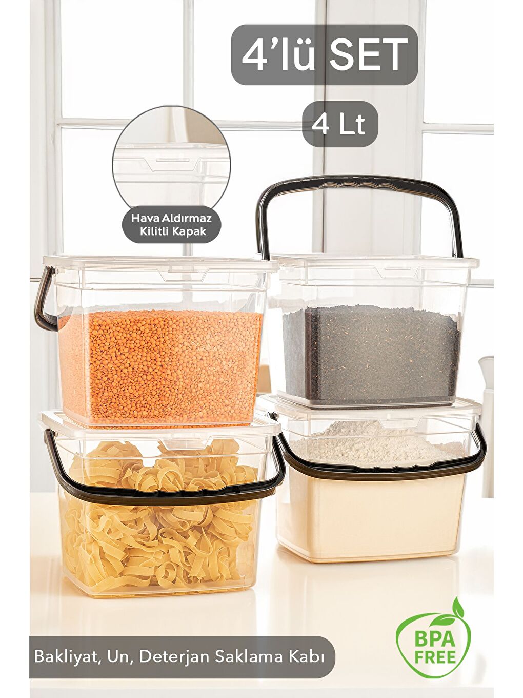 Beyaz 4 Parça Deterjan   Un ve Bakliyat Saklama Kabı Erzak Saklama Kutusu Şeffaf 4 x 4 Lt