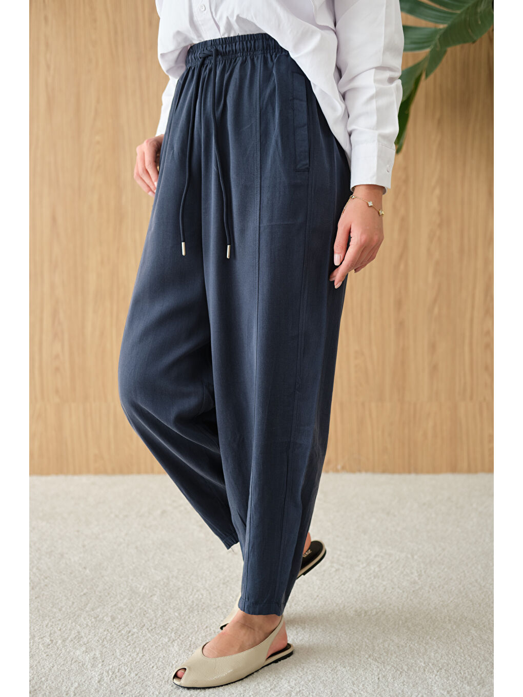 Kadın Şalvar Kesim Beli Ayarlanabilir Pantolon Lacivert