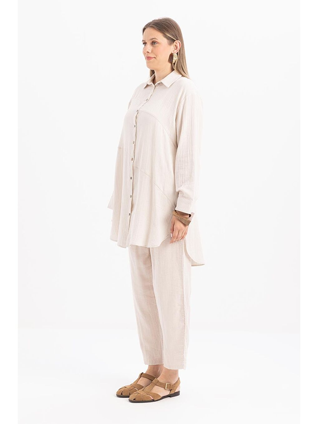 Bej Taş-Arkası Uzun Patlı Gömlek-2