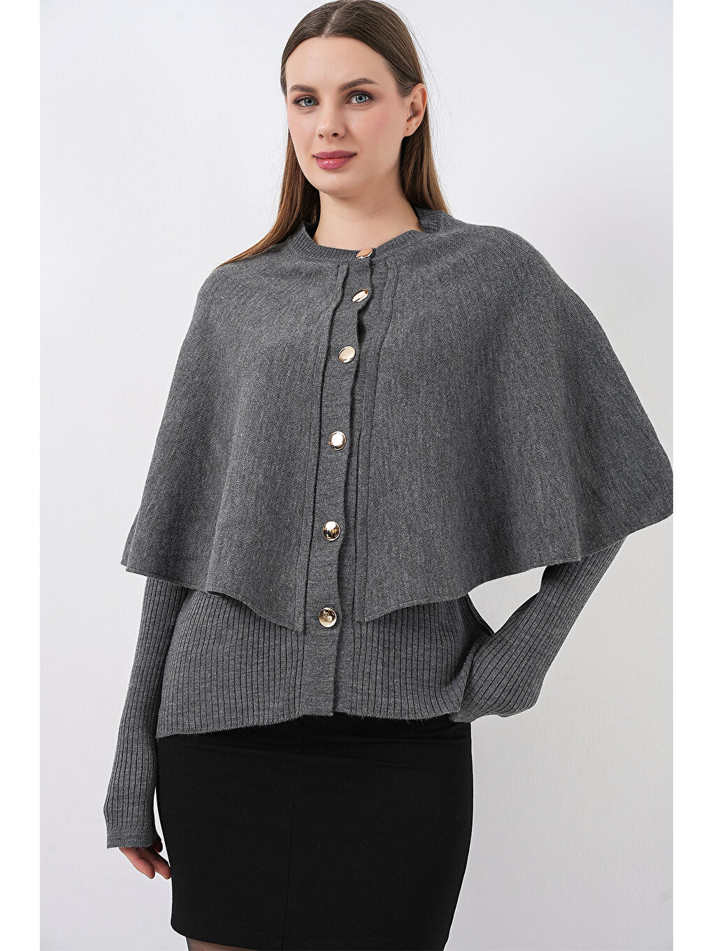 Kadın Pelerinli Triko Hırka 15967 - Antrasit