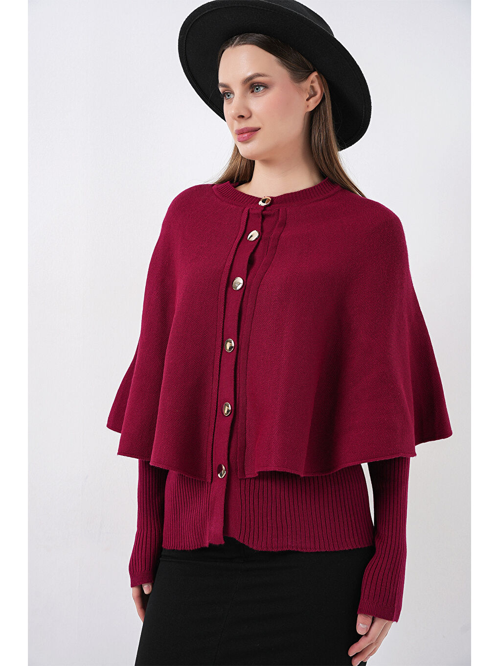 Kadın Pelerinli Triko Hırka 15967 - Bordo-3