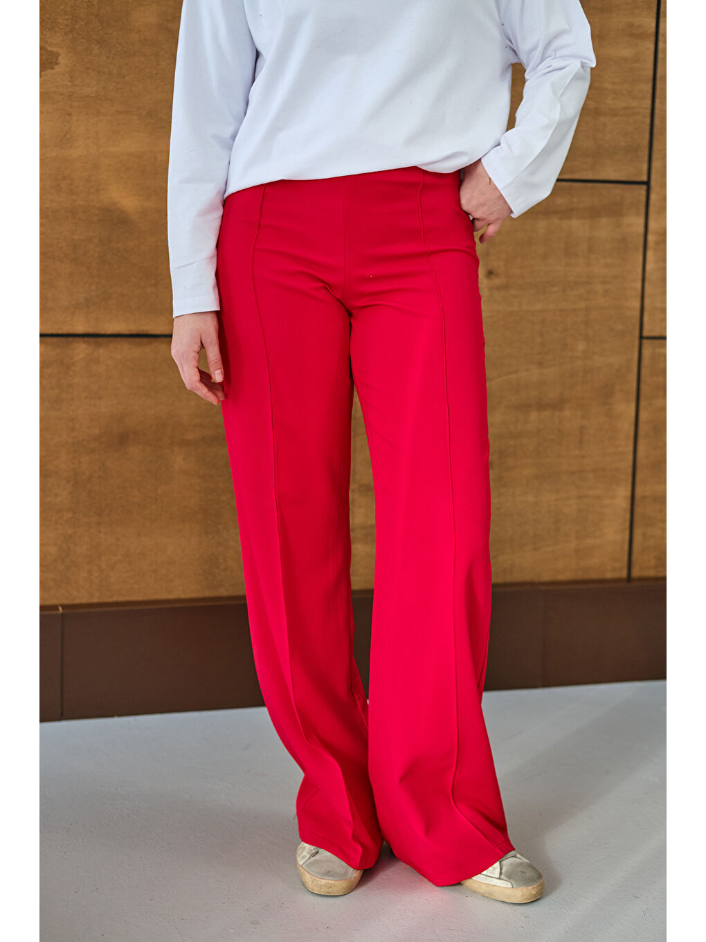 Kadın Yandan Çizgili Fermuar Detay Pantolon Kırmızı-3