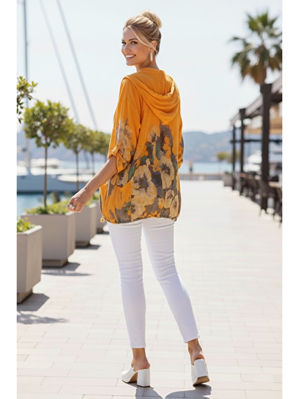 İtalyan Turuncu Düğmeli Uzun Kollu Cepli Kapüşonlu Fermuarlı Baskılı Regular Boy Dokuma Ceket 68 65-6