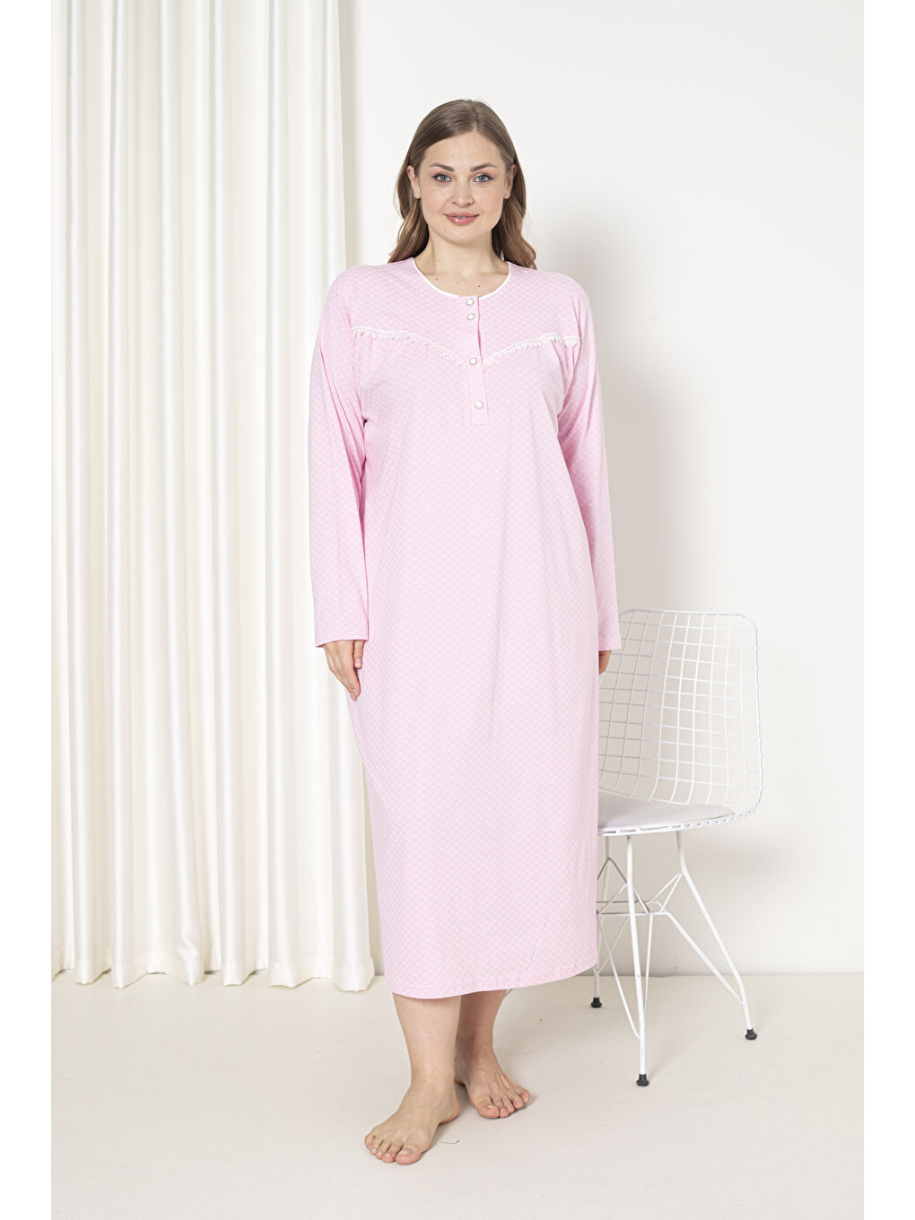 Pembe %100 Pamuklu Penye Uzun Kol Büyük Beden Anne Geceliği 052
