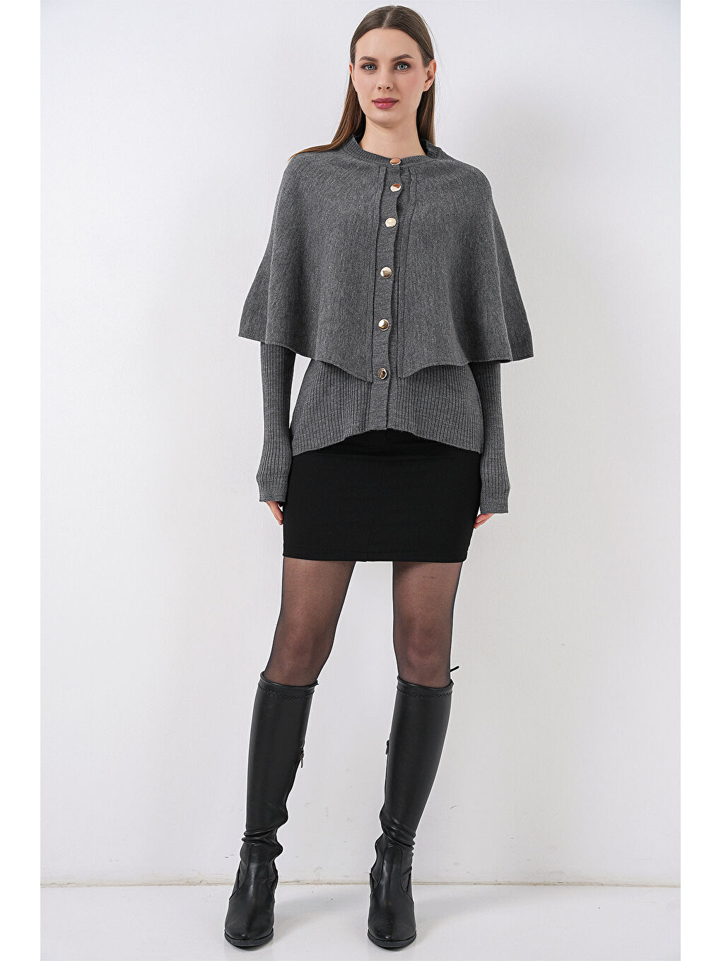 Kadın Pelerinli Triko Hırka 15967 - Antrasit-1