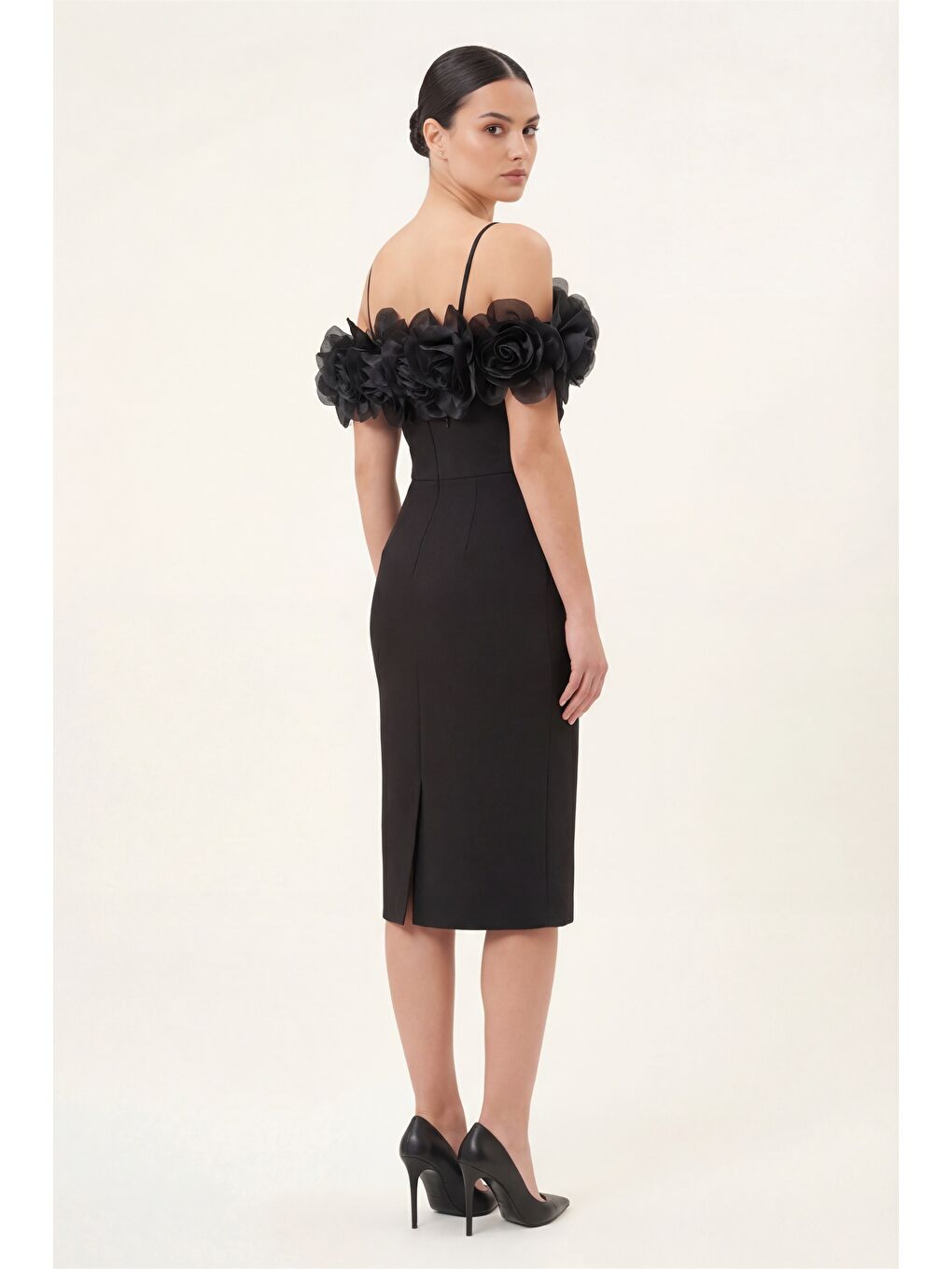 Kadın Siyah Yakası Gül Detaylı Söz Nişan Nikah Abiye Elbise-4