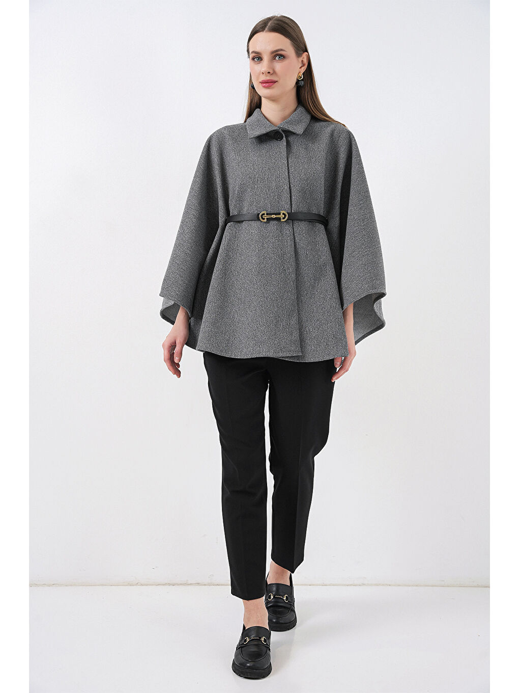 Kadın Kemerli Kaşe Panço 9170 - A.Gri-1