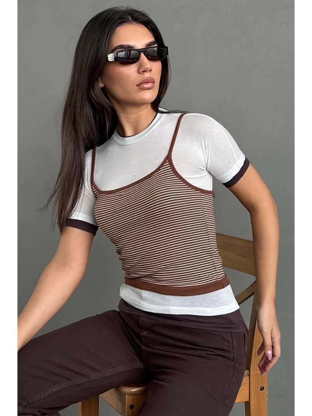 Kahverengi Çizgili İkili Görünümlü Kadın Tişört Mg2699