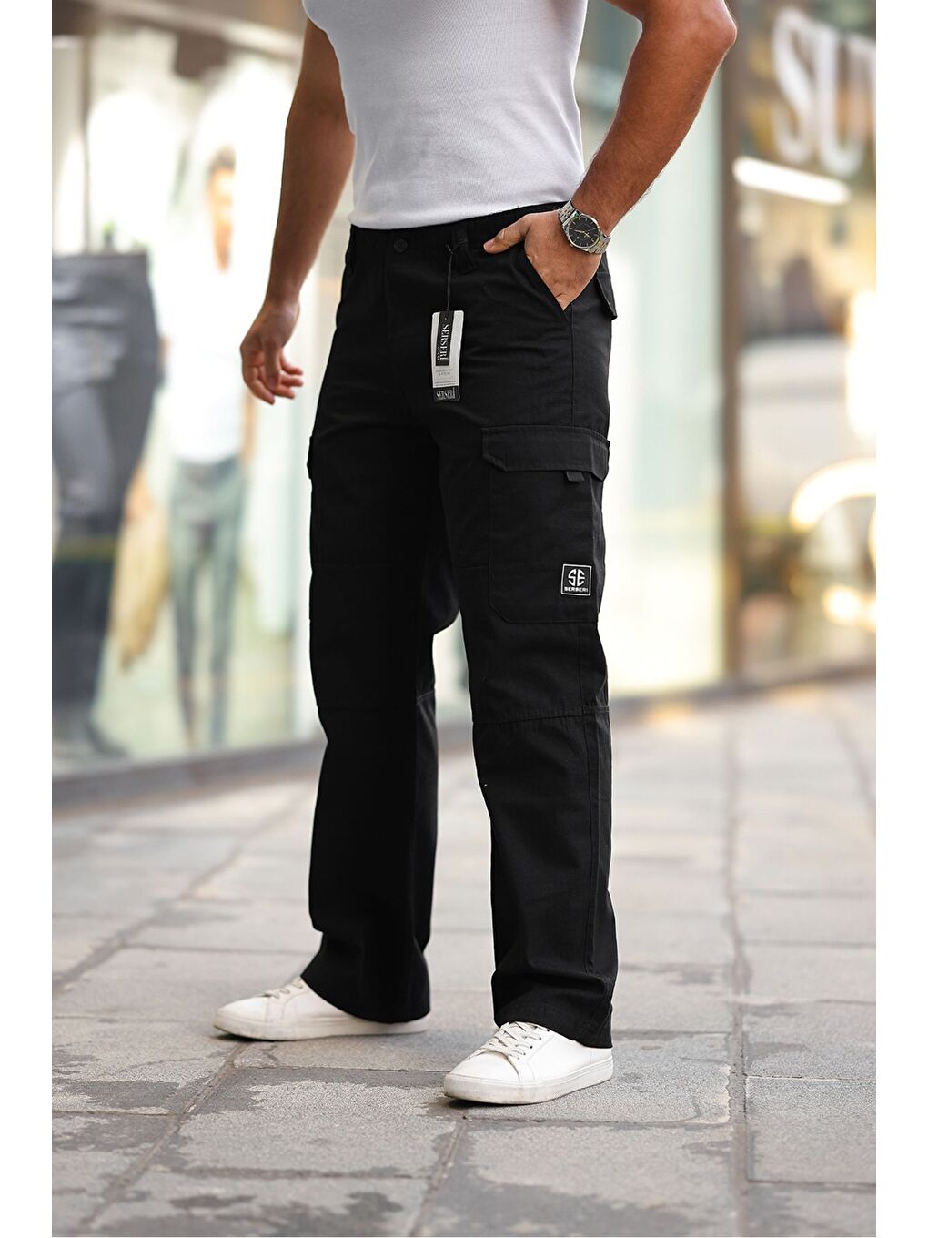 Erkek Kargo Cepli Bol Paça Armalı Siyah Baggy Pantolon-1