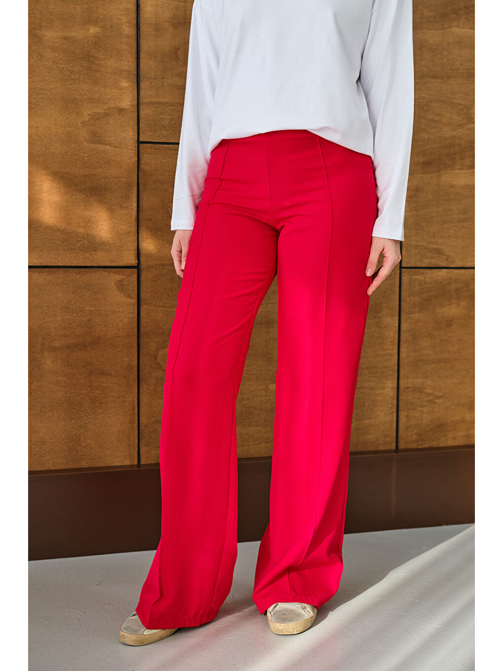 Kadın Yandan Çizgili Fermuar Detay Pantolon Kırmızı-4