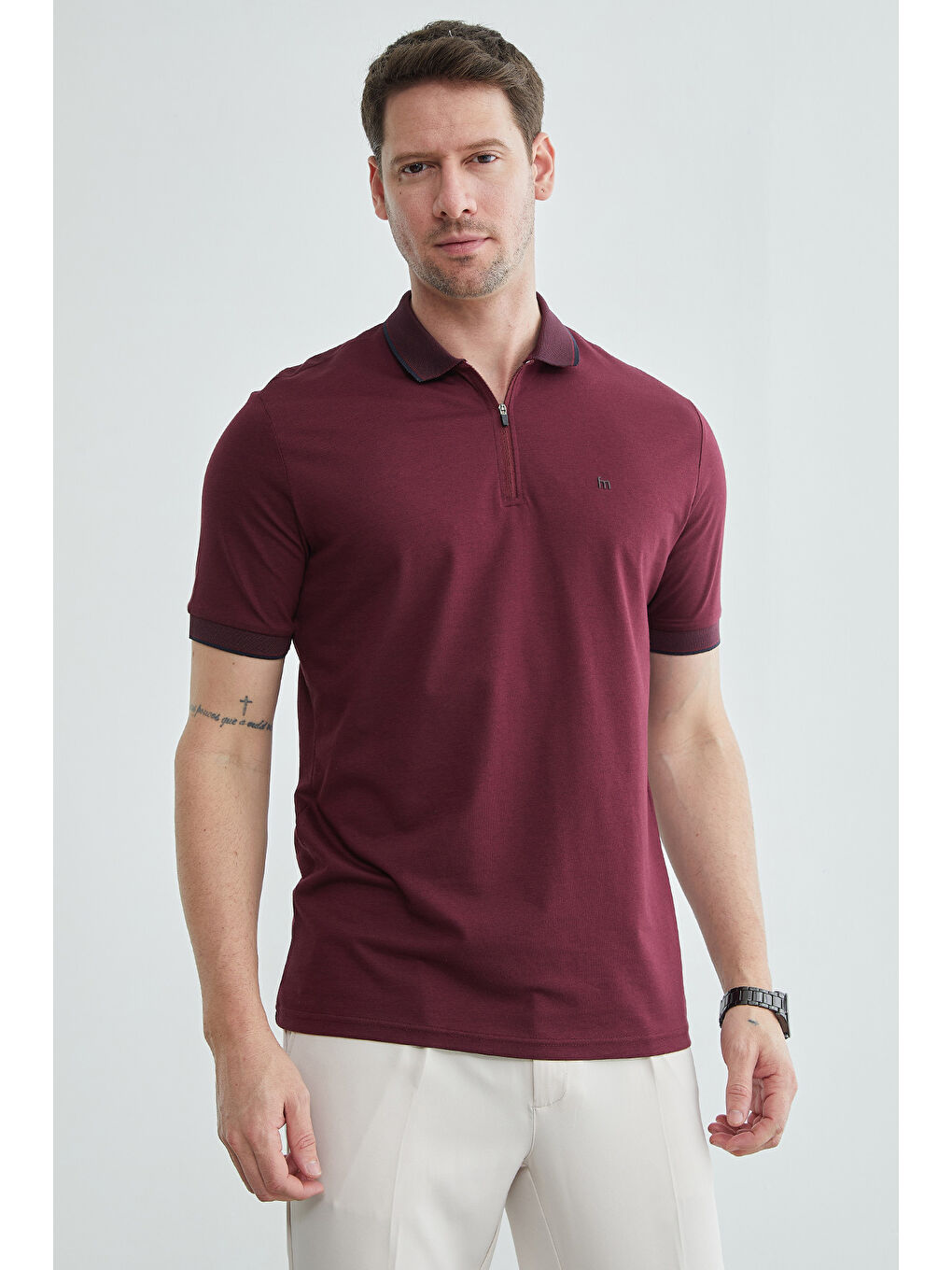 Bordo Yarım Fermuarlı Polo Yaka Tişört-2