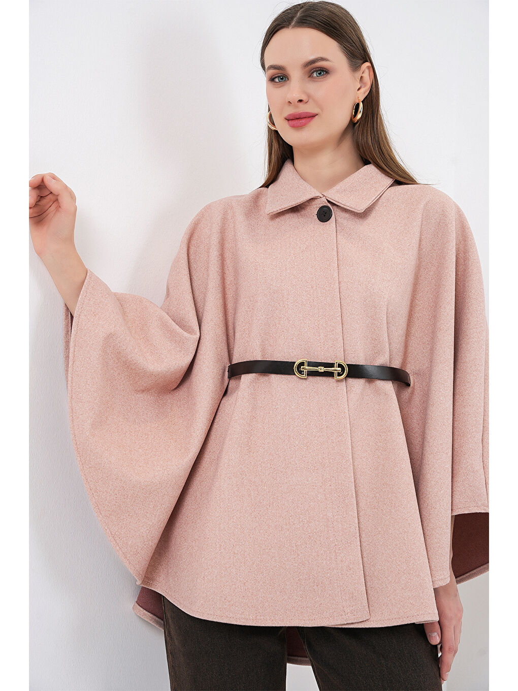 Pembe Kadın Kemerli Kaşe Panço 9170 - Pudra-2