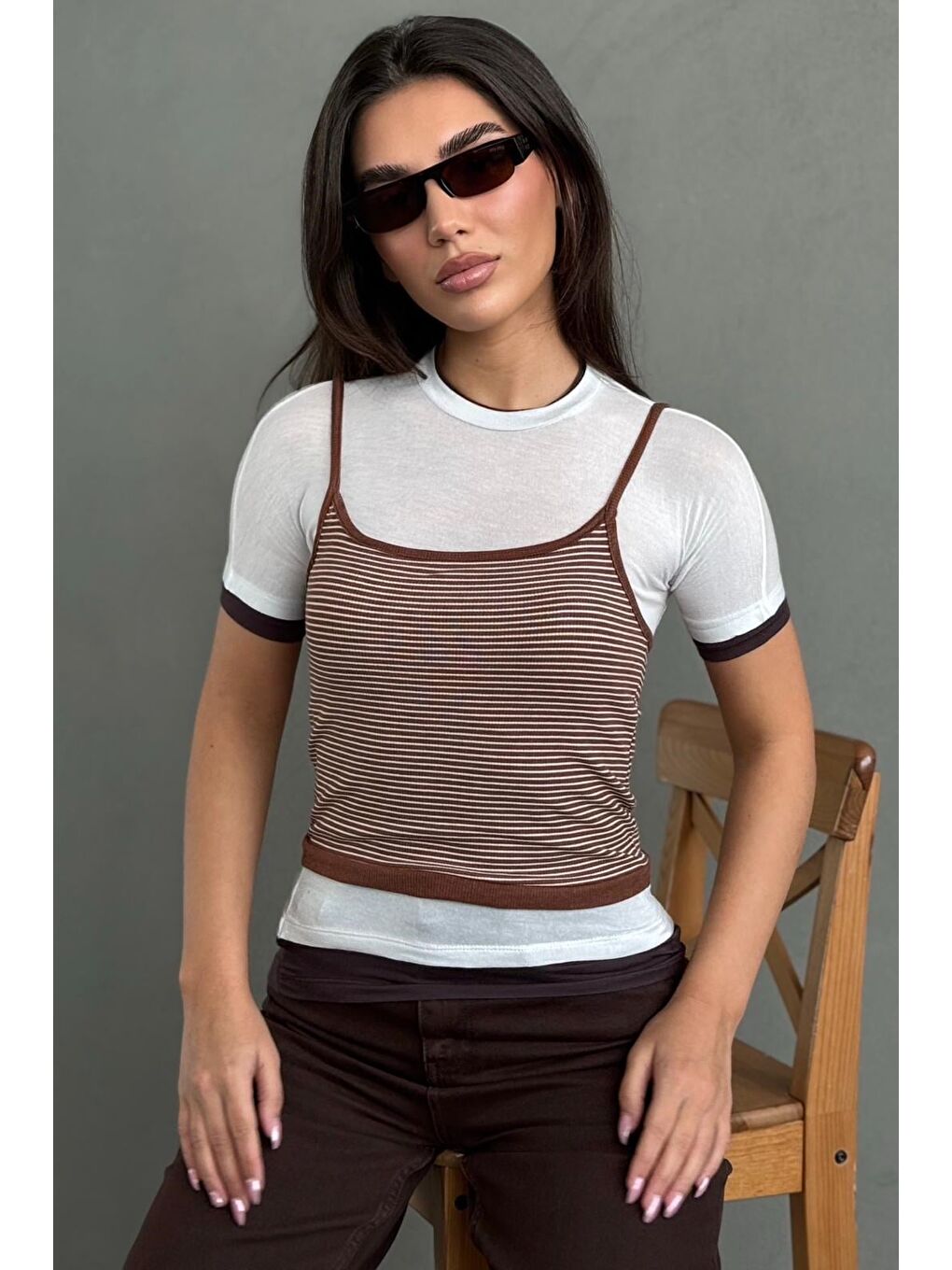 Kahverengi Çizgili İkili Görünümlü Kadın Tişört Mg2699-1