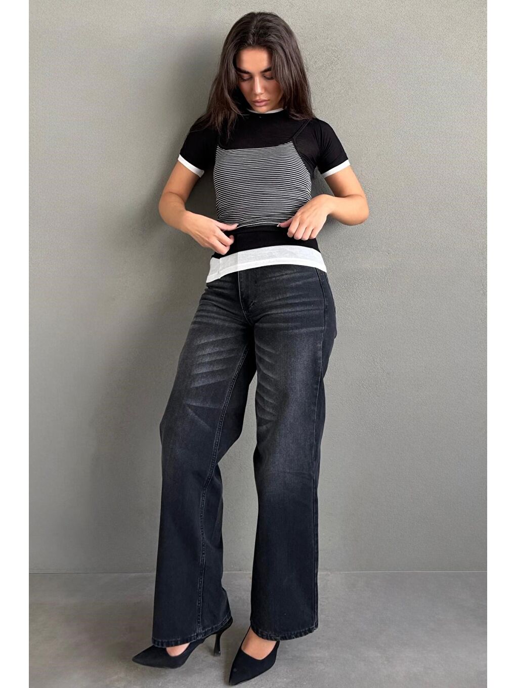 Siyah Çizgili İkili Görünümlü Kadın Tişört Mg2699-3
