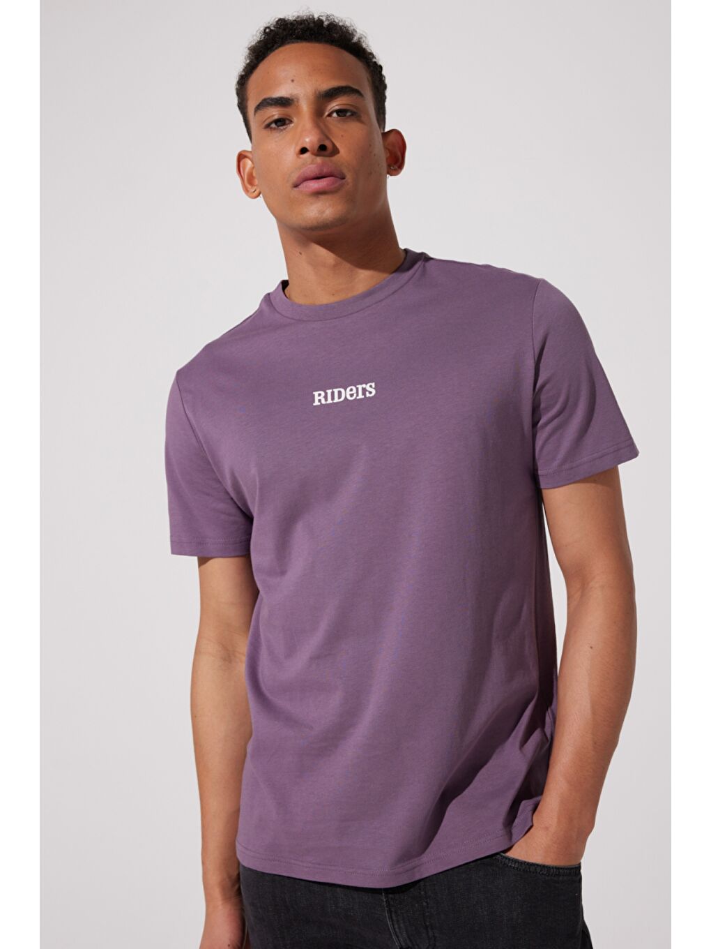 Loose Fit %100 Pamuk Bisiklet Yaka Mor Tişört-1