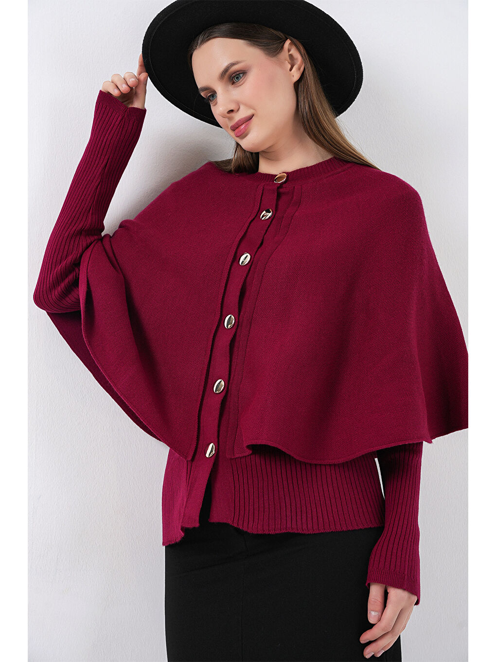 Kadın Pelerinli Triko Hırka 15967 - Bordo-4