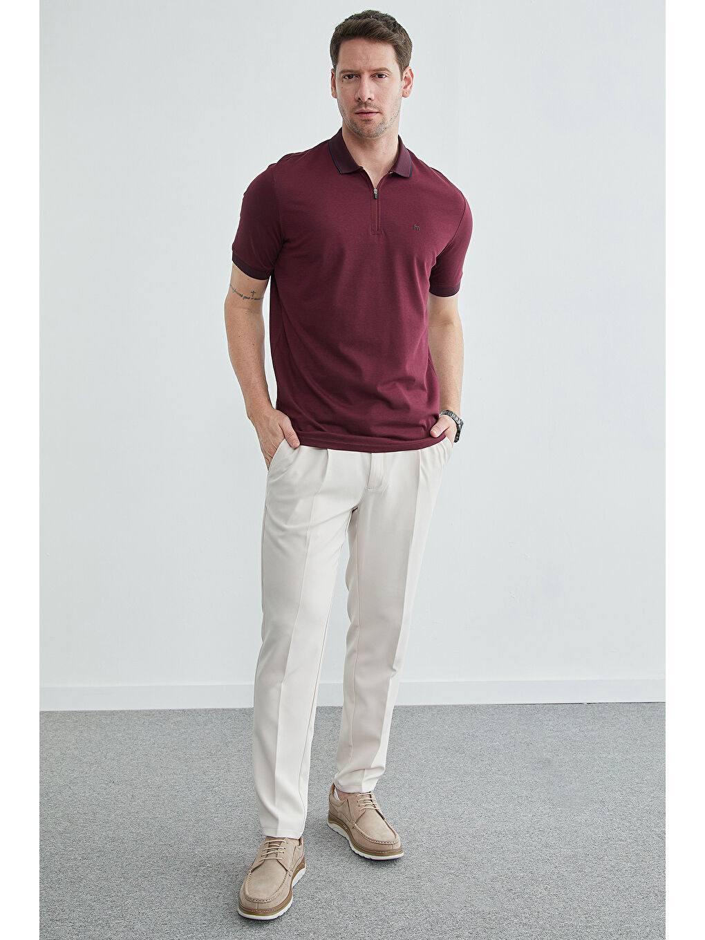 Bordo Yarım Fermuarlı Polo Yaka Tişört-3