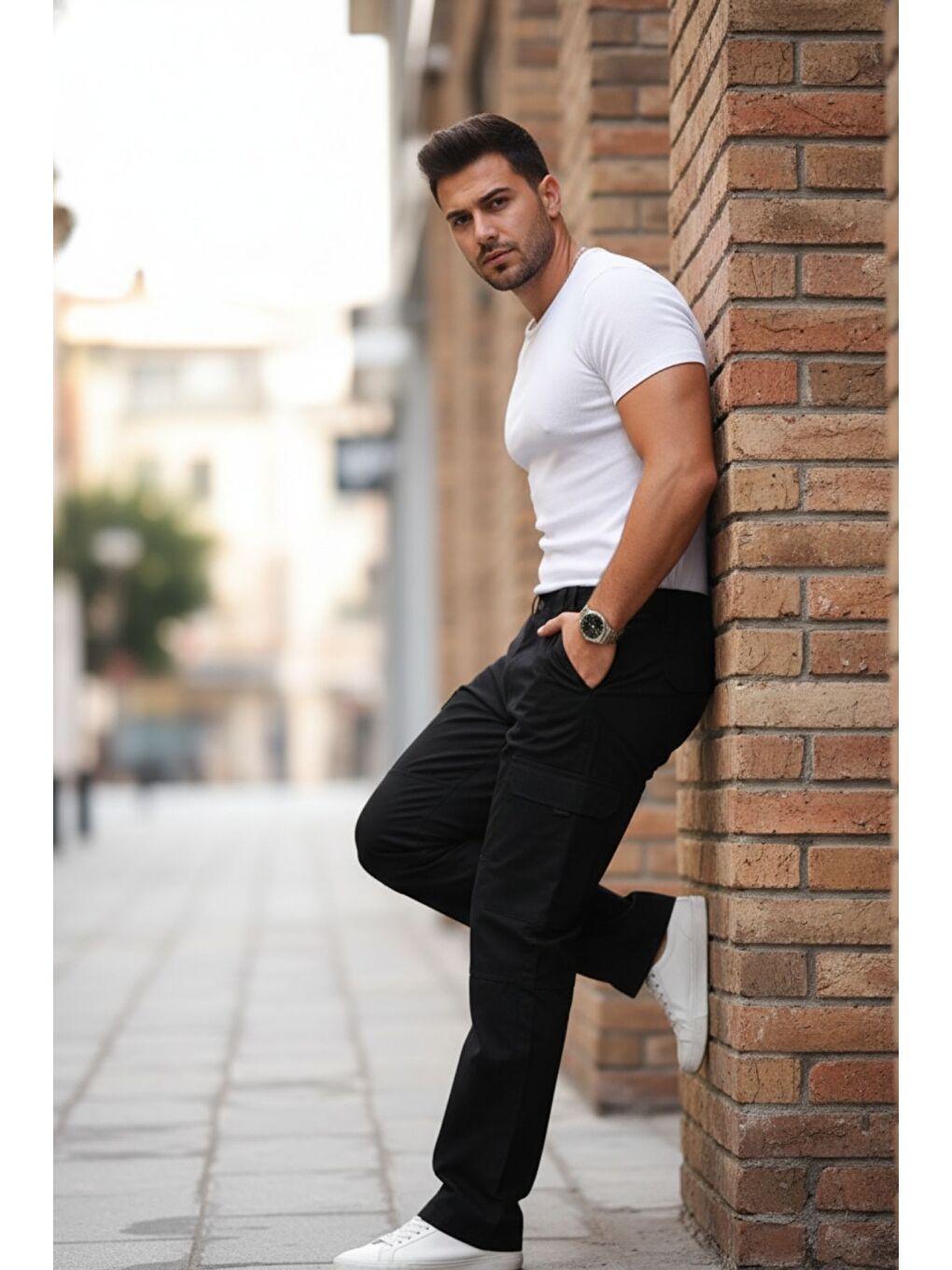 Erkek Kargo Cepli Bol Paça Armalı Siyah Baggy Pantolon-4