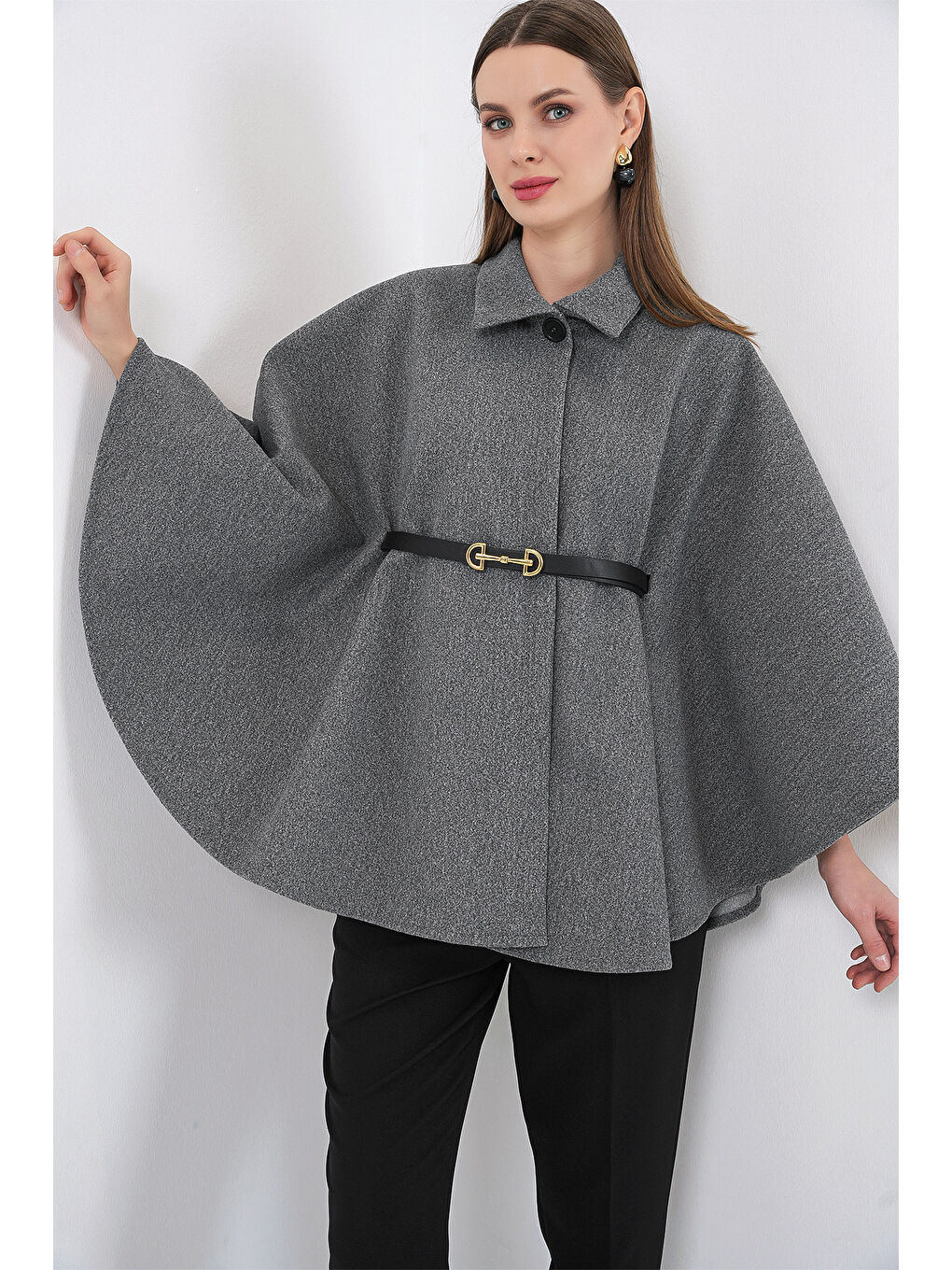 Kadın Kemerli Kaşe Panço 9170 - A.Gri-2