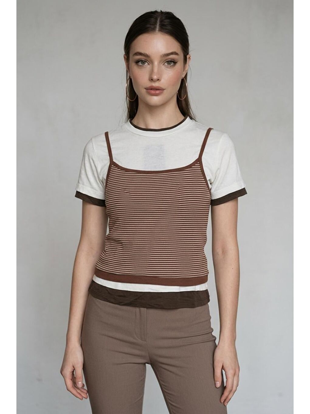 Kahverengi Çizgili İkili Görünümlü Kadın Tişört Mg2699-3