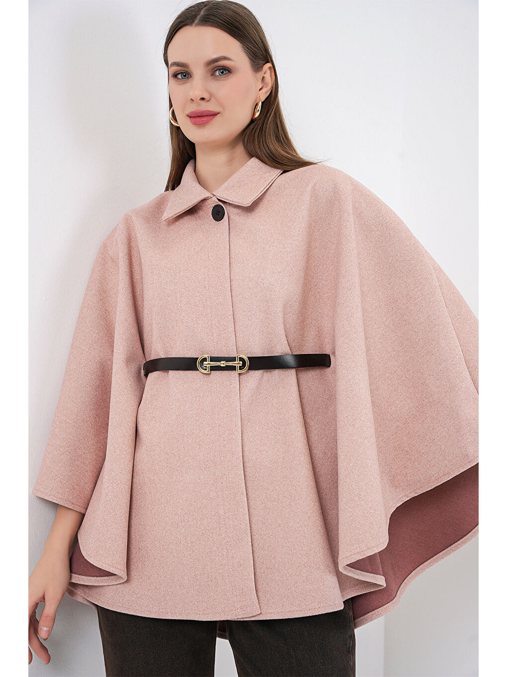 Pembe Kadın Kemerli Kaşe Panço 9170 - Pudra-3