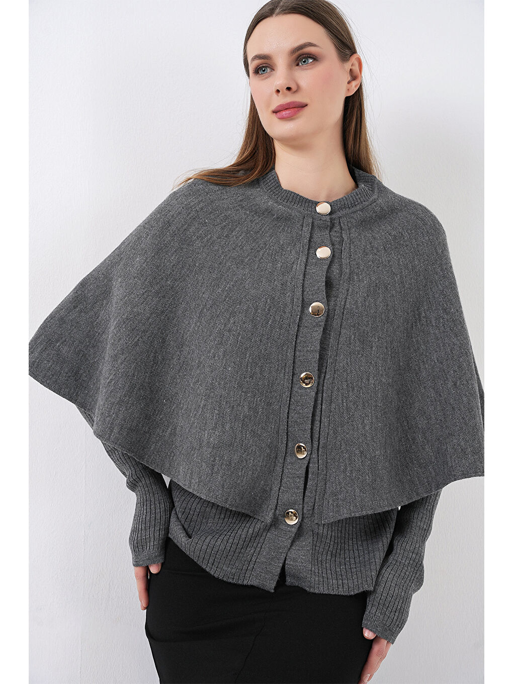 Kadın Pelerinli Triko Hırka 15967 - Antrasit-2