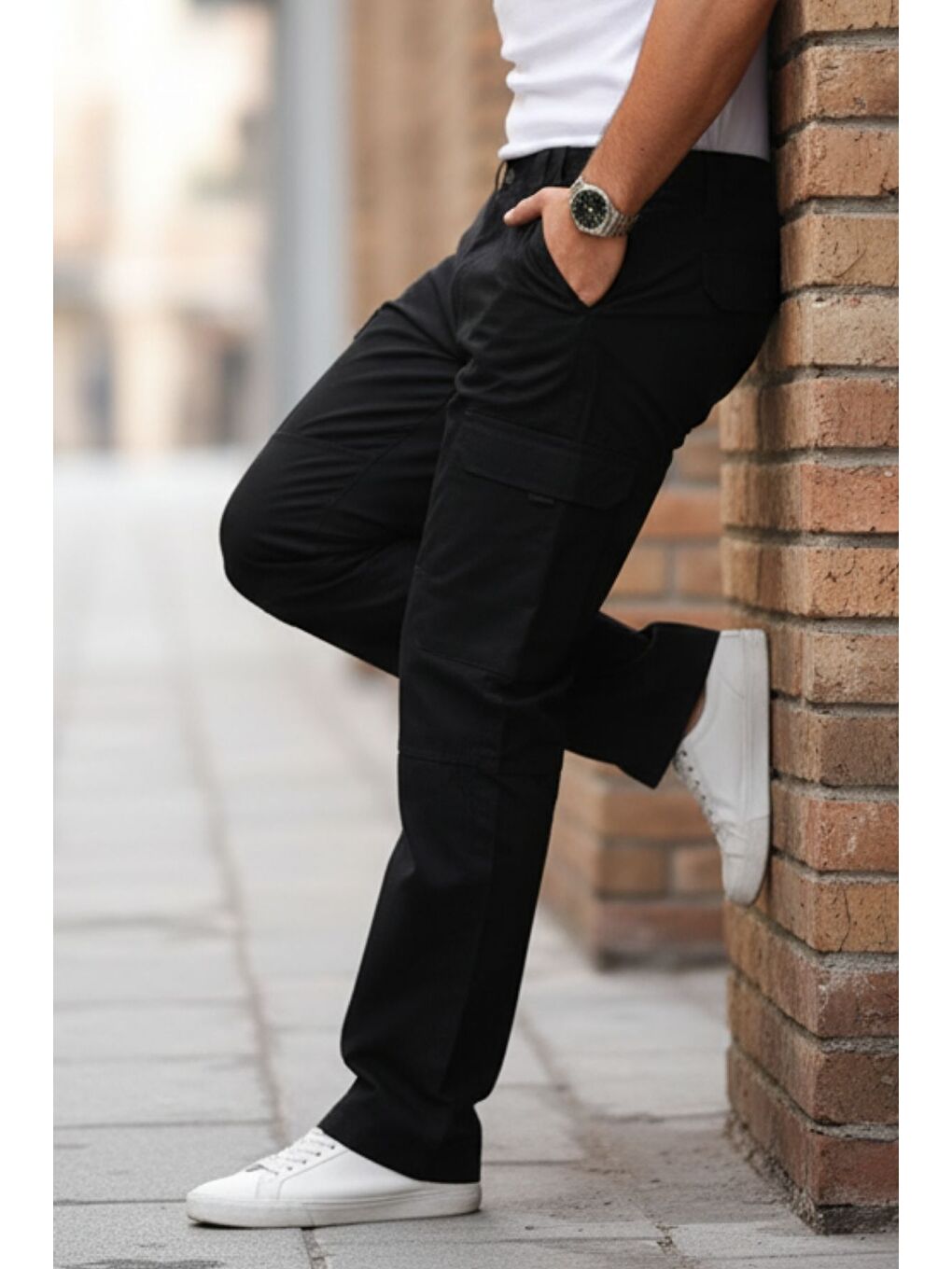 Erkek Kargo Cepli Bol Paça Armalı Siyah Baggy Pantolon-5