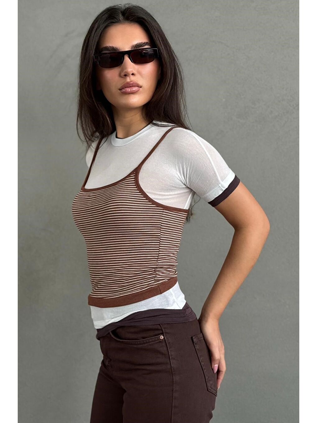 Kahverengi Çizgili İkili Görünümlü Kadın Tişört Mg2699-4