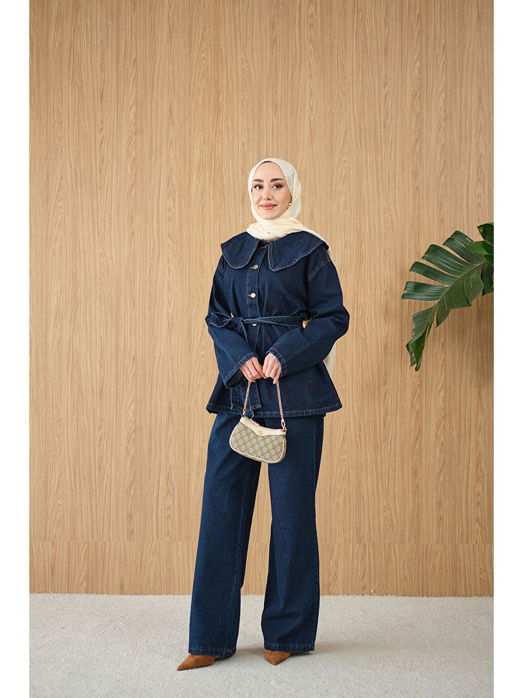 Kadın Bebe Yaka Bel Bağlamalı Jean Takım Lacivert-1
