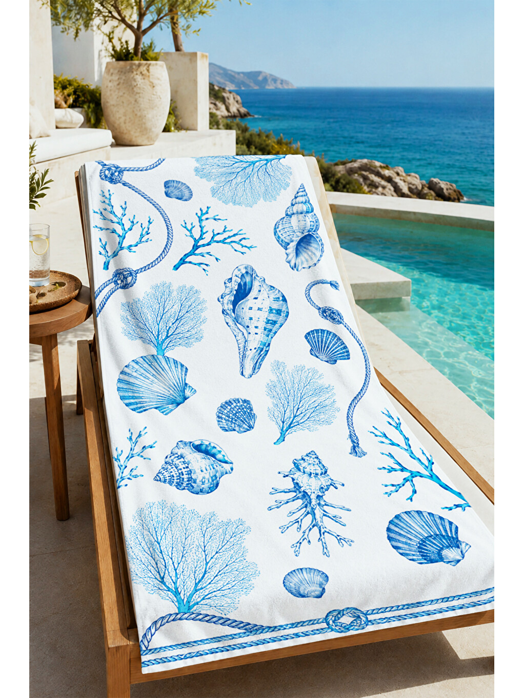 Toile De Jouy Mavi Deniz Kabuğu Ve Mercan Desenli 70x150 Plaj Havlusu - Pamuklu Banyo Havlusu-4