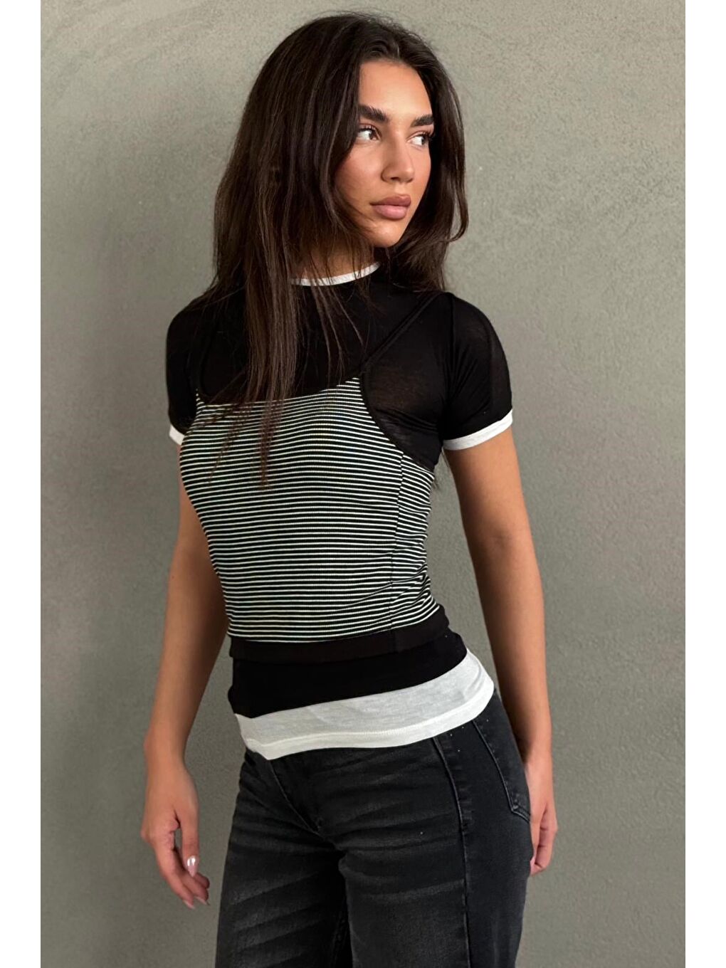 Siyah Çizgili İkili Görünümlü Kadın Tişört Mg2699-5