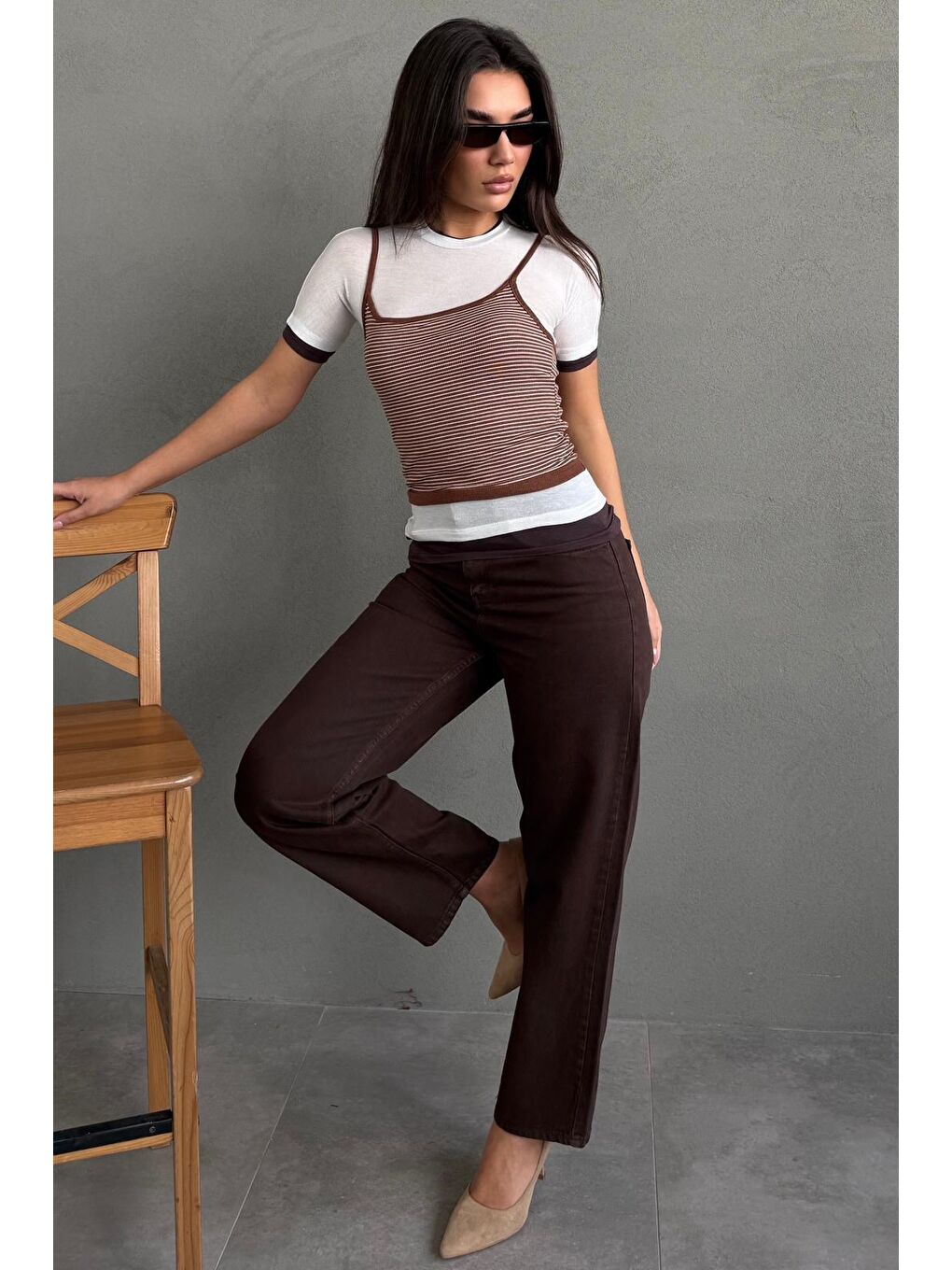 Kahverengi Çizgili İkili Görünümlü Kadın Tişört Mg2699-5