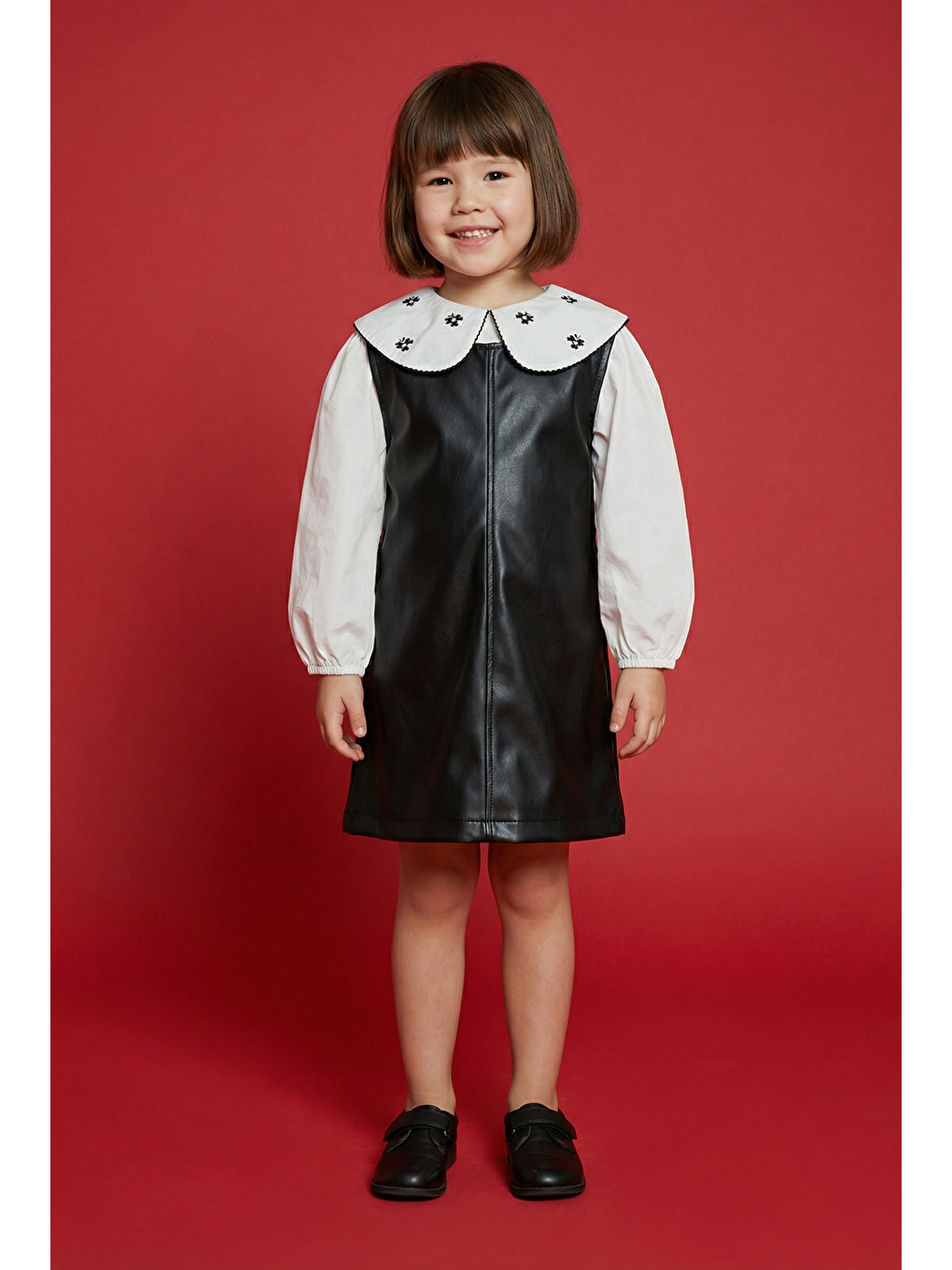 Siyah Kız Çocuk Pamuklu Gömlekli Deri Görünümlü Elbiseli Elbise