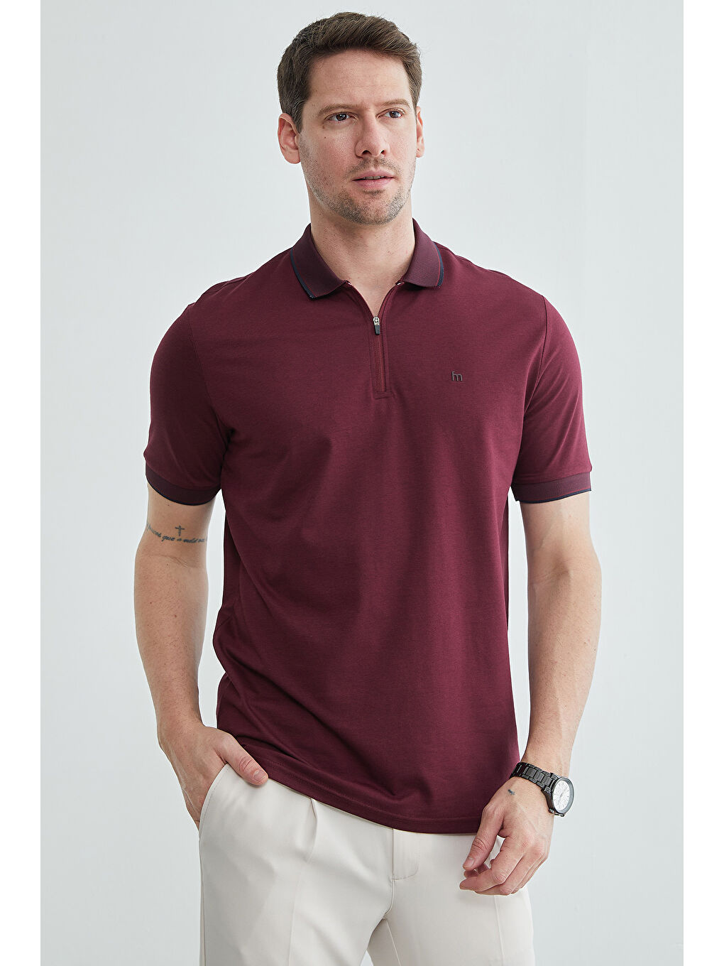 Bordo Yarım Fermuarlı Polo Yaka Tişört-4