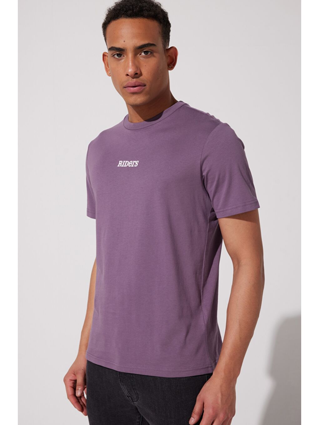 Loose Fit %100 Pamuk Bisiklet Yaka Mor Tişört-2