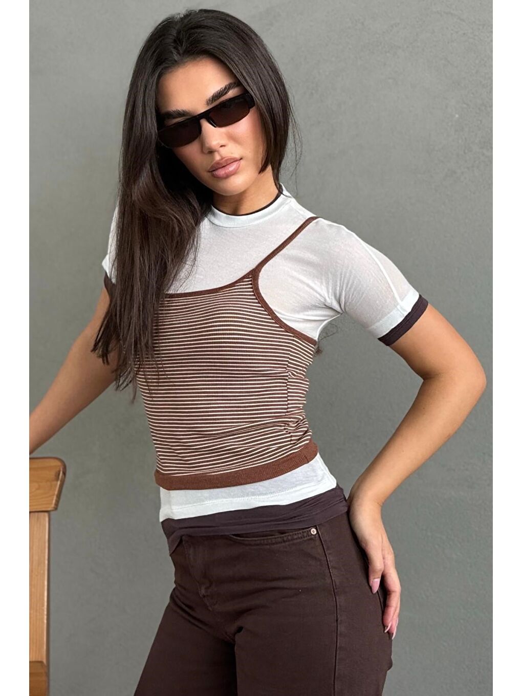 Kahverengi Çizgili İkili Görünümlü Kadın Tişört Mg2699-6