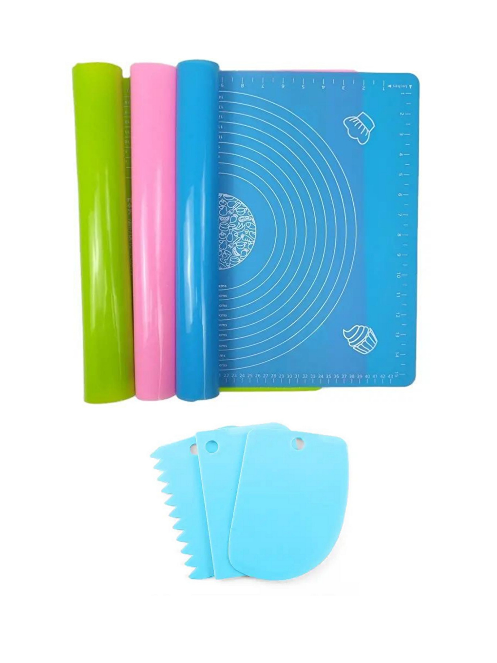 Karışık 2 Li Set 45x65 Cm Silikon Hamur Açma Matı Ve 3'lü Hamur Kesici Kazıyıcı Dekoratör Set