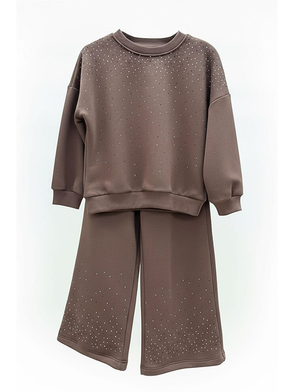 Kahverengi Kız Çocuk 3 İplik Taş Detaylı Alt-Üst Takım 4-12 Yaş 12346