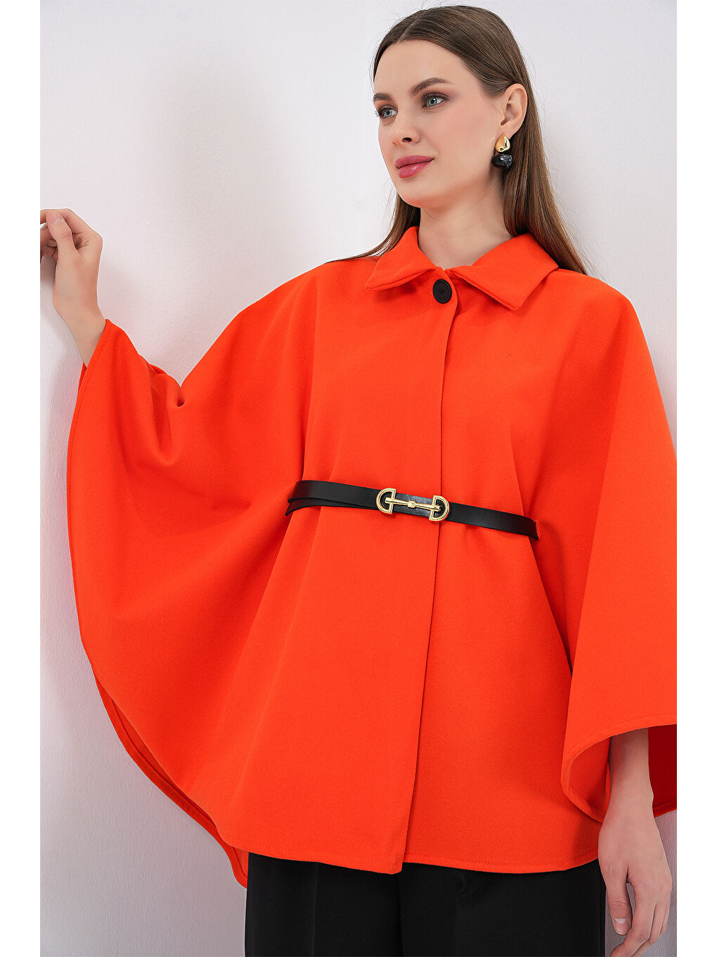 Kadın Kemerli Kaşe Panço 9170 - Turuncu