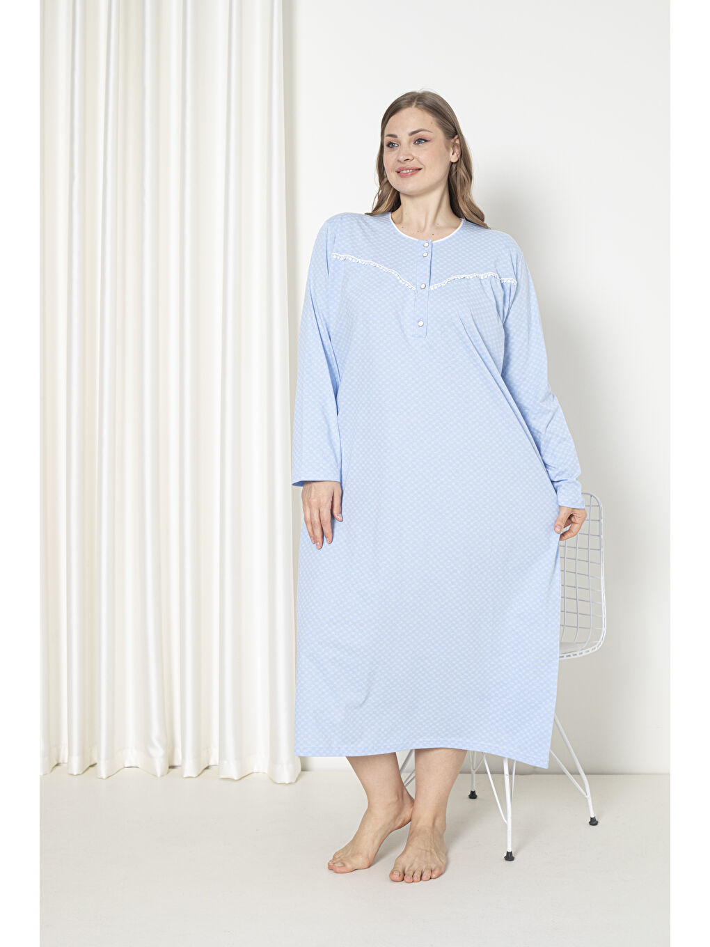 Mavi %100 Pamuklu Penye Uzun Kol Büyük Beden Anne Geceliği 052-1