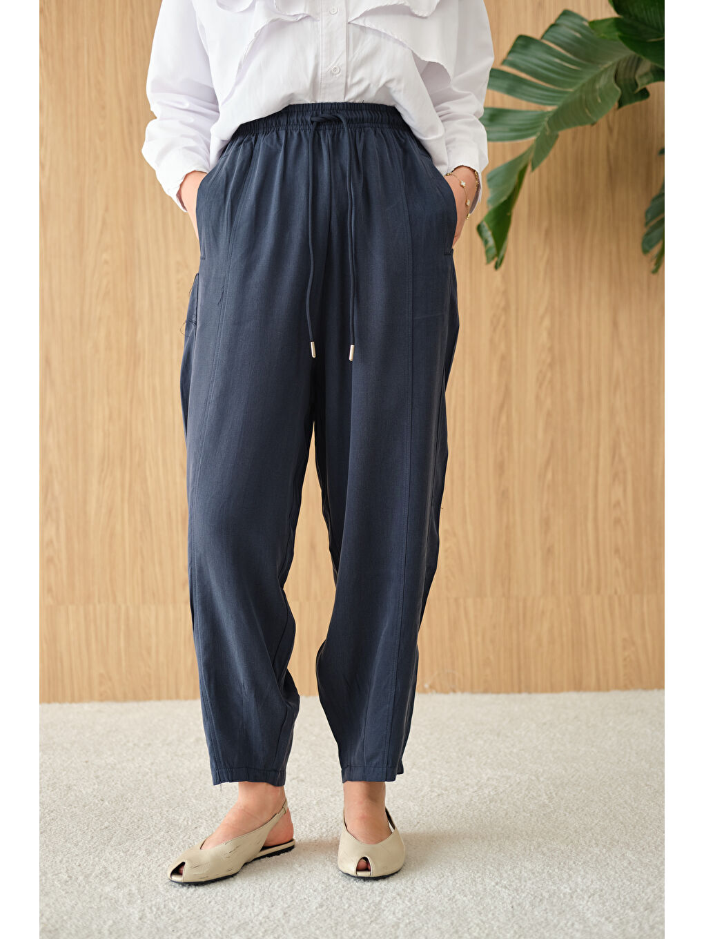 Kadın Şalvar Kesim Beli Ayarlanabilir Pantolon Lacivert-1