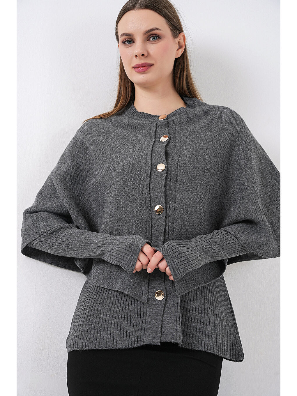 Kadın Pelerinli Triko Hırka 15967 - Antrasit-3