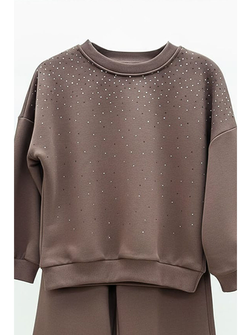 Kahverengi Kız Çocuk 3 İplik Taş Detaylı Alt-Üst Takım 4-12 Yaş 12346-1