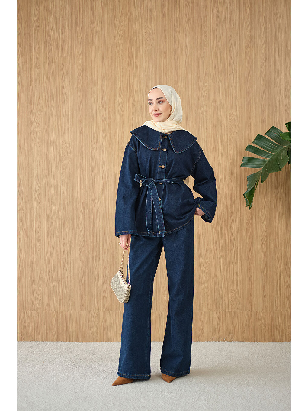 Kadın Bebe Yaka Bel Bağlamalı Jean Takım Lacivert-2