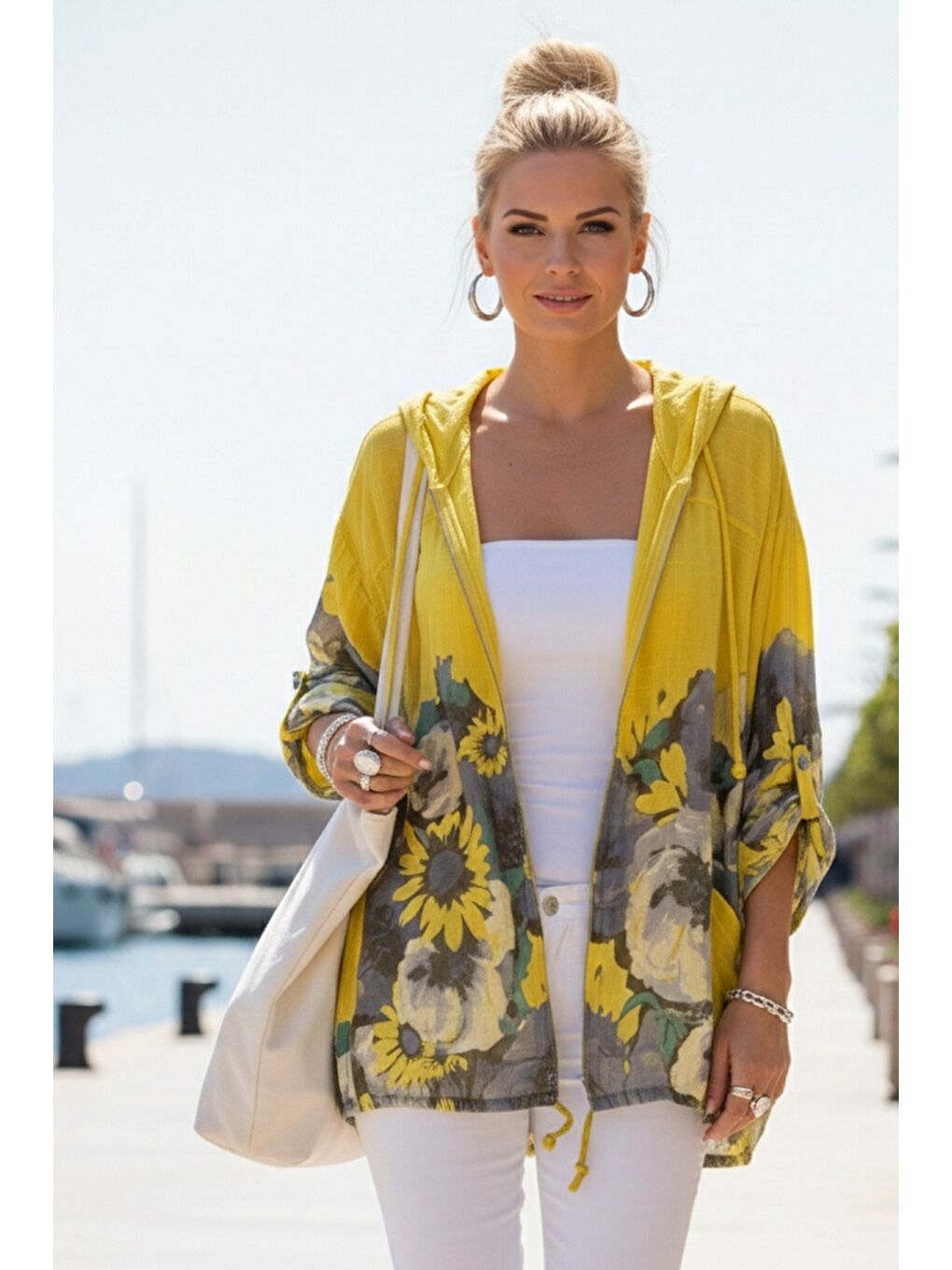 İtalyan Sarı Düğmeli Uzun Kollu Cepli Kapüşonlu Fermuarlı Baskılı Regular Boy Dokuma Ceket 68 65-1