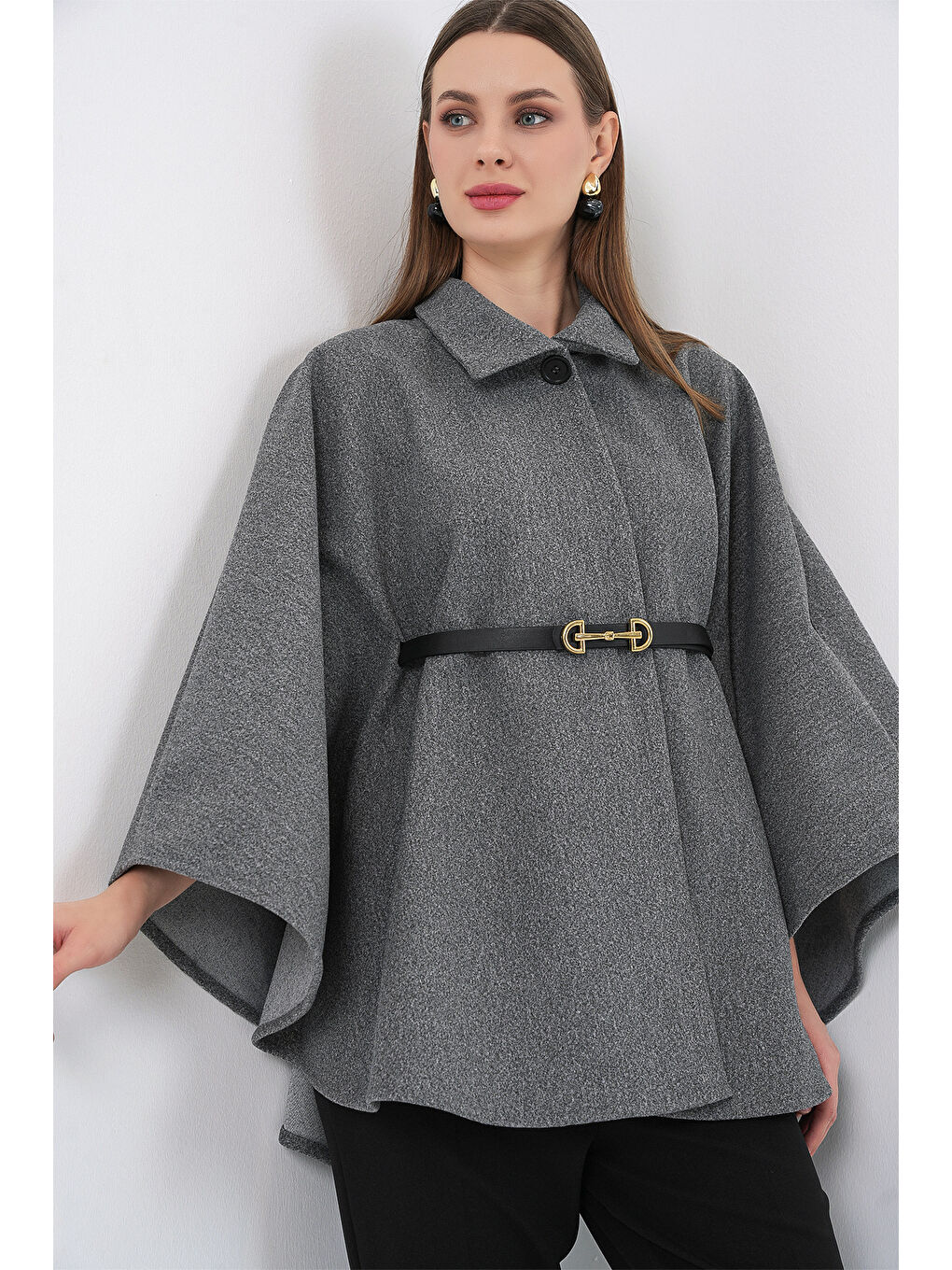 Kadın Kemerli Kaşe Panço 9170 - A.Gri-3