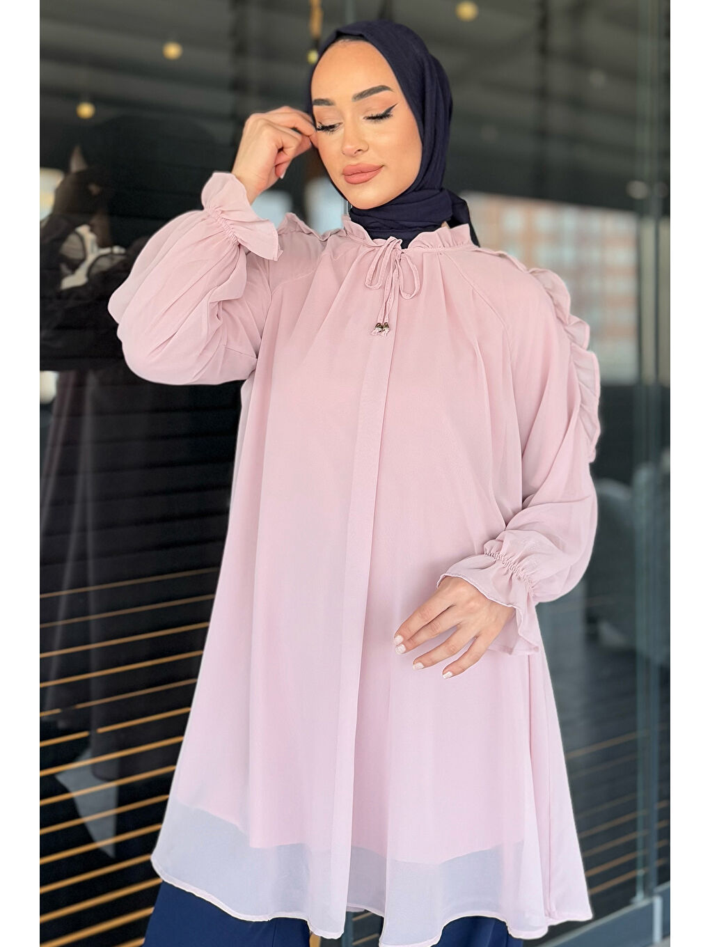 Pembe Tesettür Güpürlü İncili Piliseli Şifon Tunik-3