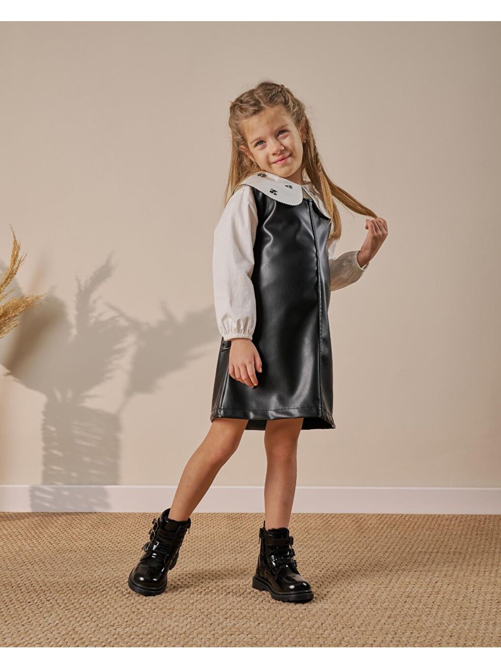 Siyah Kız Çocuk Pamuklu Gömlekli Deri Görünümlü Elbiseli Elbise-4