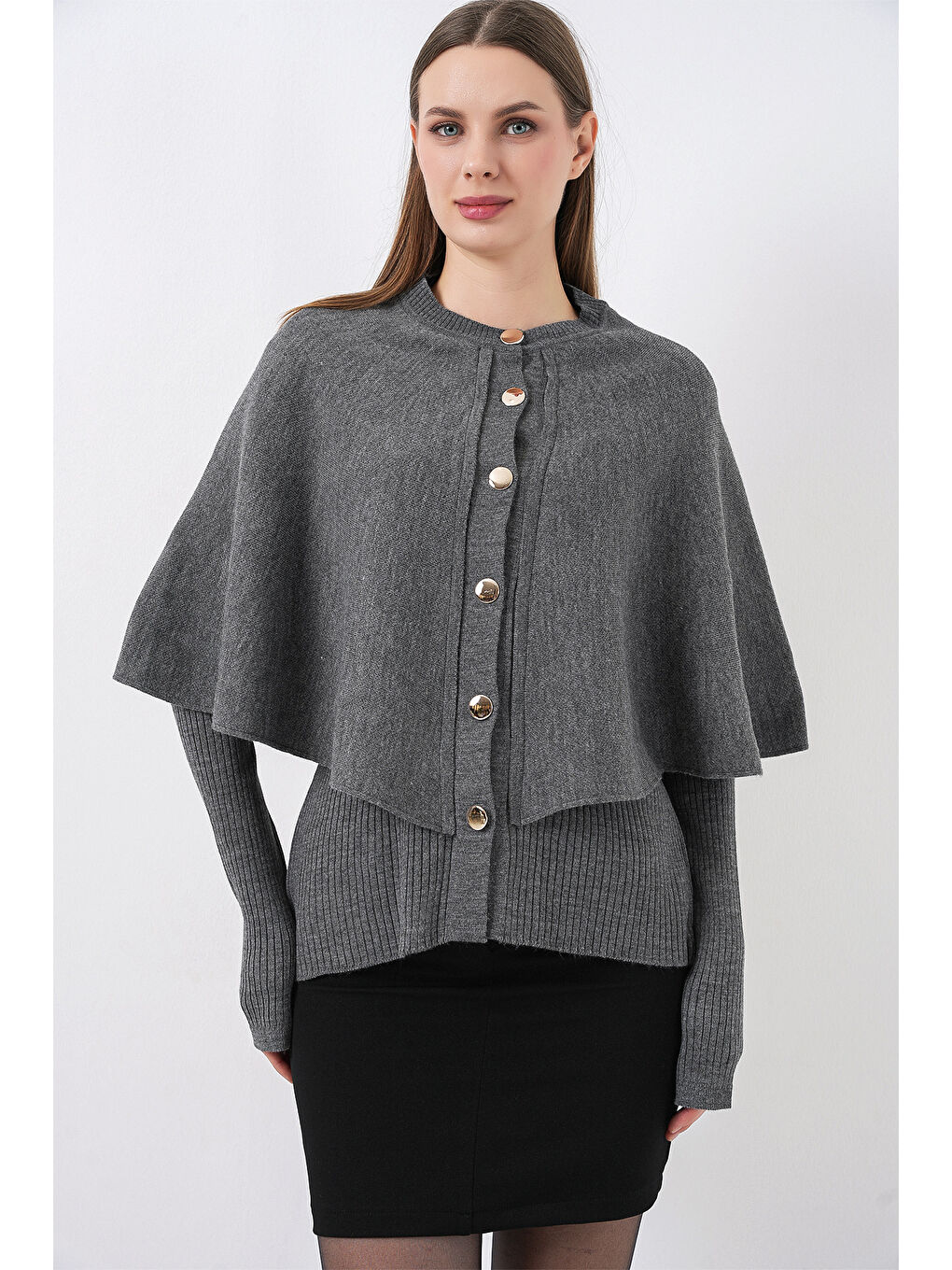 Kadın Pelerinli Triko Hırka 15967 - Antrasit-4