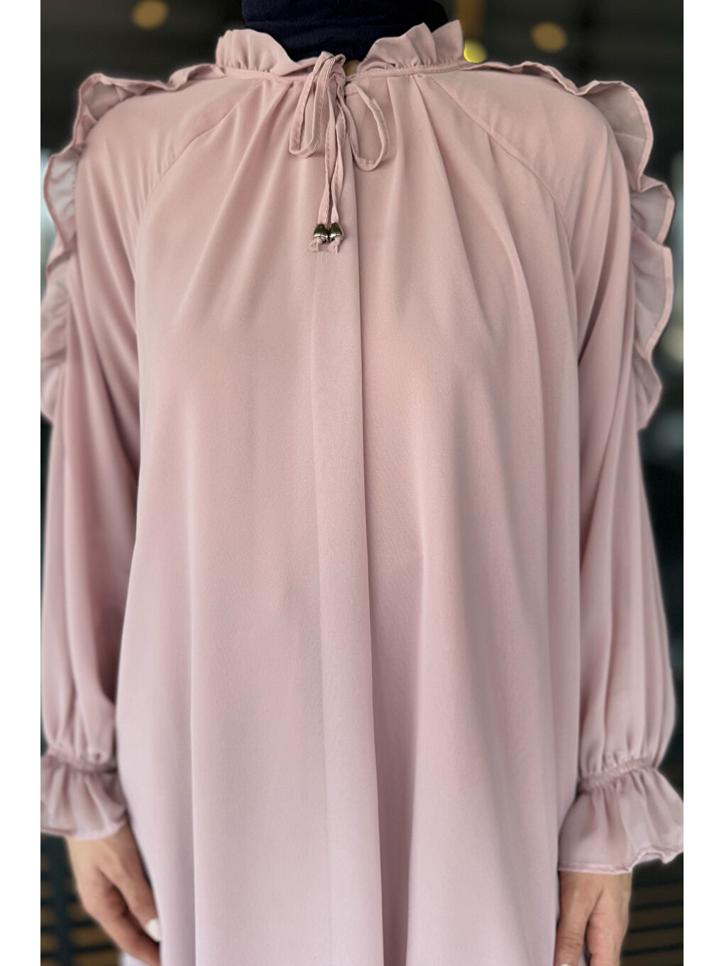 Pembe Tesettür Güpürlü İncili Piliseli Şifon Tunik-4